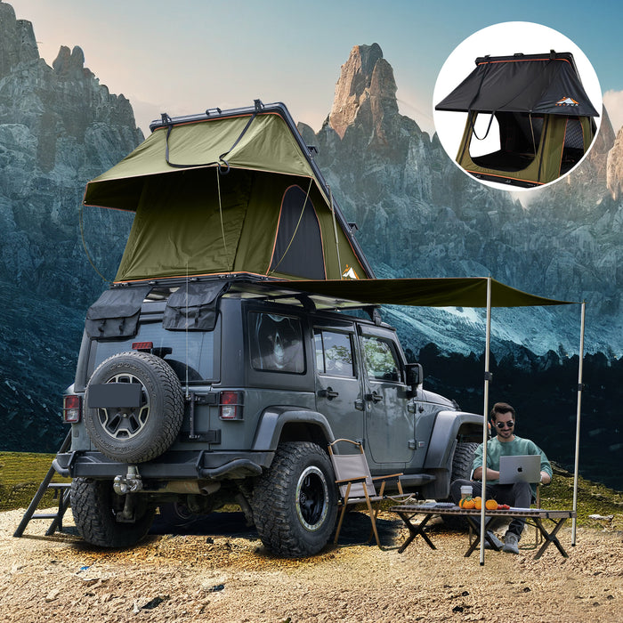 Roll over image to zoom in Adventurer Plus Rooftop Tent Hardshell with Side Awning, Air Conditioner Outlet with Bracket, &Replaceable Rain Flies, Truck Bed Tent for Camping, Pop Up Overland Roof Tents