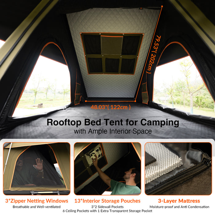 Roll over image to zoom in Adventurer Plus Rooftop Tent Hardshell with Side Awning, Air Conditioner Outlet with Bracket, &Replaceable Rain Flies, Truck Bed Tent for Camping, Pop Up Overland Roof Tents