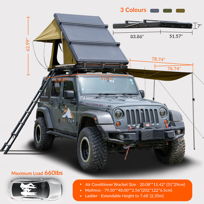 Roll over image to zoom in Adventurer Plus Rooftop Tent Hardshell with Side Awning, Air Conditioner Outlet with Bracket, &Replaceable Rain Flies, Truck Bed Tent for Camping, Pop Up Overland Roof Tents