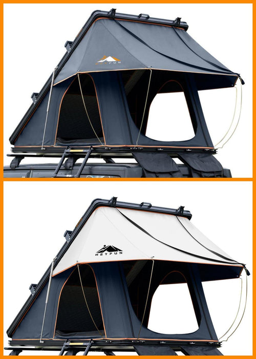 Roll over image to zoom in Adventurer Plus Rooftop Tent Hardshell with Side Awning, Air Conditioner Outlet with Bracket, &Replaceable Rain Flies, Truck Bed Tent for Camping, Pop Up Overland Roof Tents