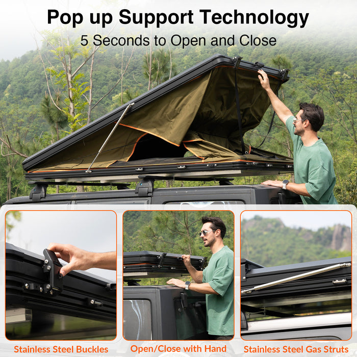 Roll over image to zoom in Adventurer Plus Rooftop Tent Hardshell with Side Awning, Air Conditioner Outlet with Bracket, &Replaceable Rain Flies, Truck Bed Tent for Camping, Pop Up Overland Roof Tents