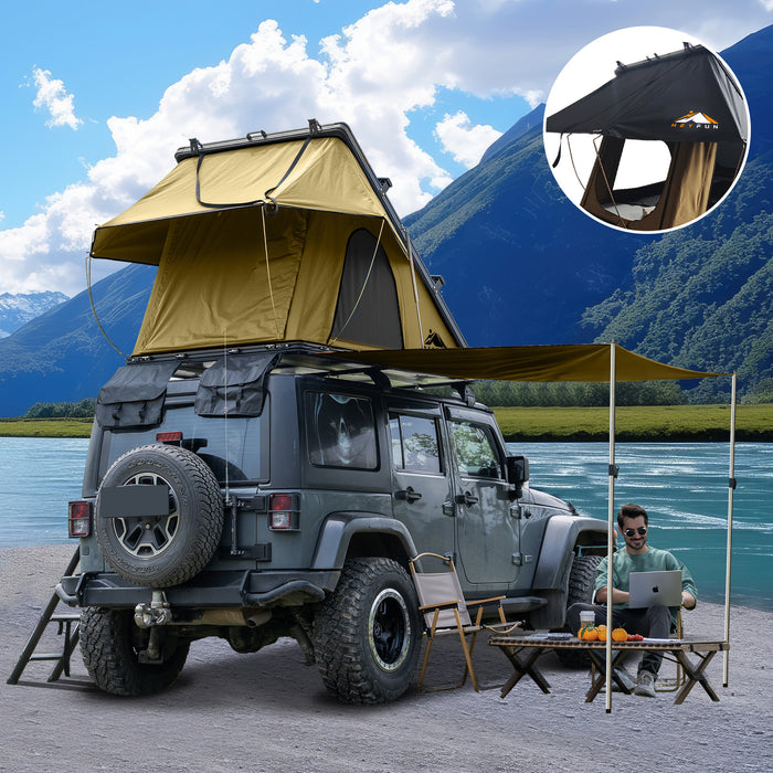 Roll over image to zoom in Adventurer Plus Rooftop Tent Hardshell with Side Awning, Air Conditioner Outlet with Bracket, &Replaceable Rain Flies, Truck Bed Tent for Camping, Pop Up Overland Roof Tents